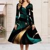 Women Plus Size V Neck Long Sleeve Printed Teal Black Gold Tie Waist A Line Midi Dress