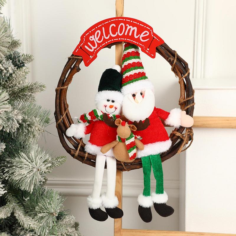 Christmas Rattan Wreath Artificial Christmas Wreath Decorations Front Door Wall Hangable Wreath Santa Claus Snowman Doll Wreath