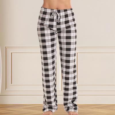 Women Long Pants Elastic Drawstring Waist Wide Leg Casual Trousers Sporty Style Checked