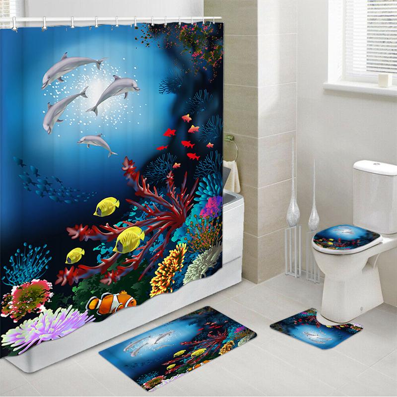 Dolphin Bathroom Decor Waterproof Shower Curtain Set Toilet Seat Cover Non-Slip Bath Mat Rug Carpet Polyester Fabric Washable