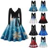 Dames Vintage Klassieke Jurk Hals Taille Strik Lange Mouwen Kerst Print V-Hals Swing Jurk