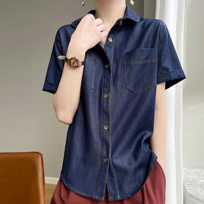 Lapel Denim Shirt Short-sleeved Women's Summer Fashion Versatile Cardigan Loose Casual Top Jacket