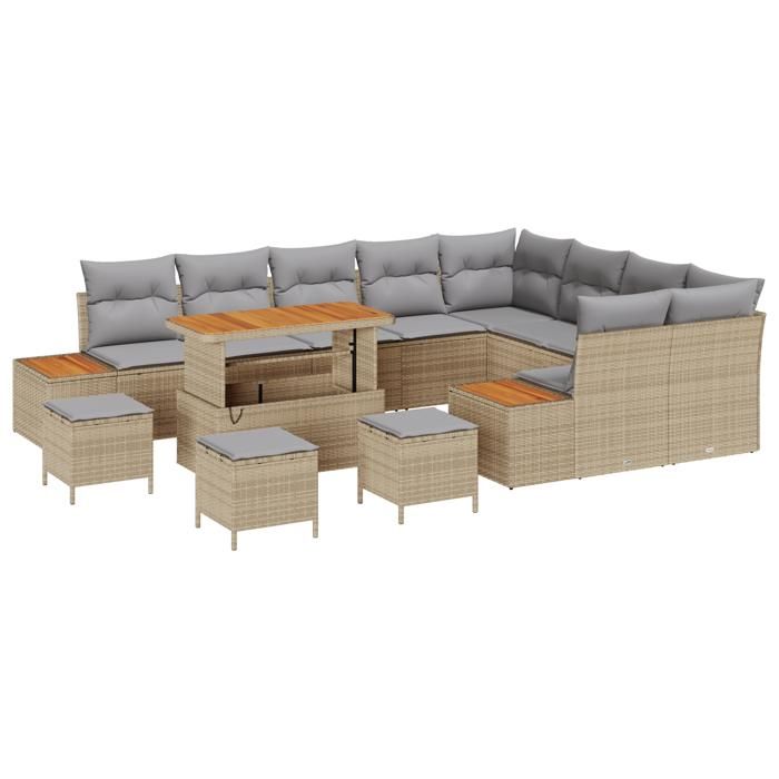 Ensemble de Canapé de Jardin vidaXL de 13 pièces avec Coussins Beige en Poly Rotin Acacia, Ensemble de Salle à Manger 3362962