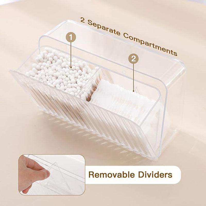 Wall Mounted Cushion Storage Organizer, Clear Stand Dispenser with 2 Compartments Bathroom Vanity Storage Jar for Cotton Swabs