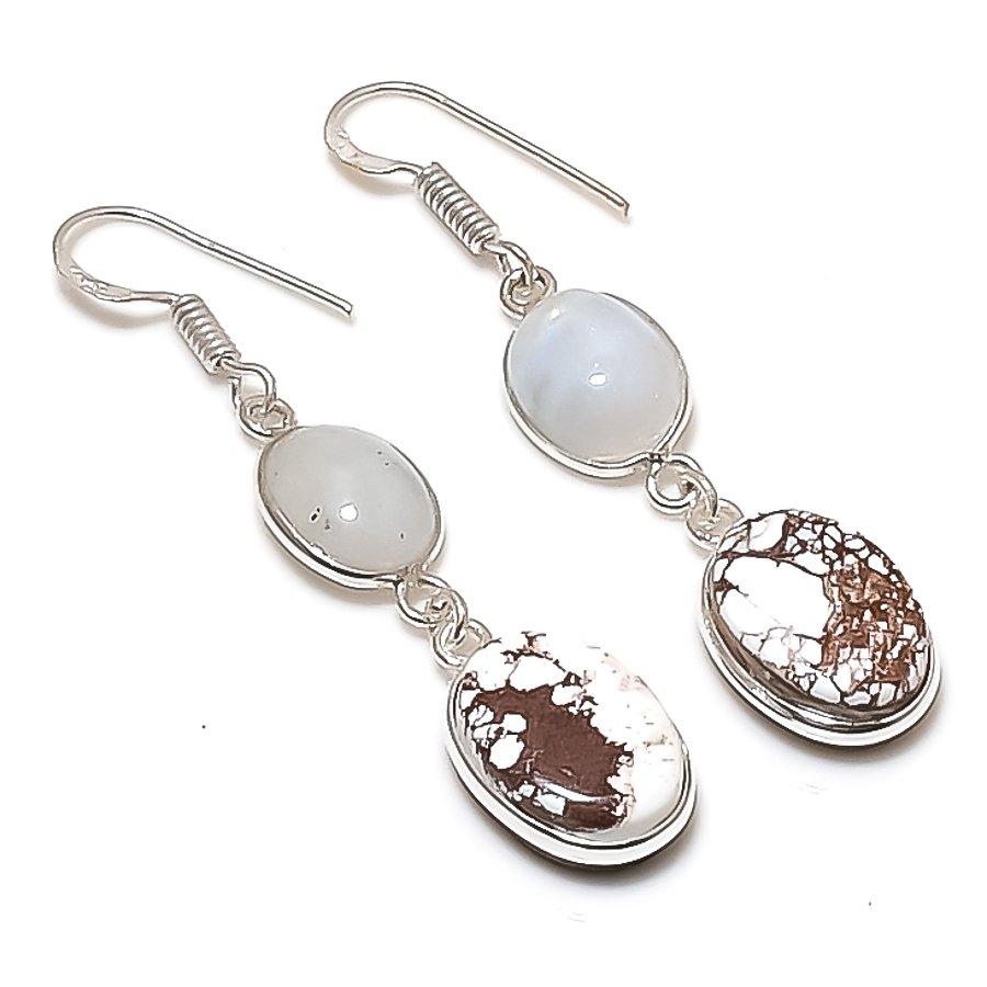 Natural Wild Horse, Moonstone Gemstone 925 Sterling Silver Earring 2.09" AE-11658