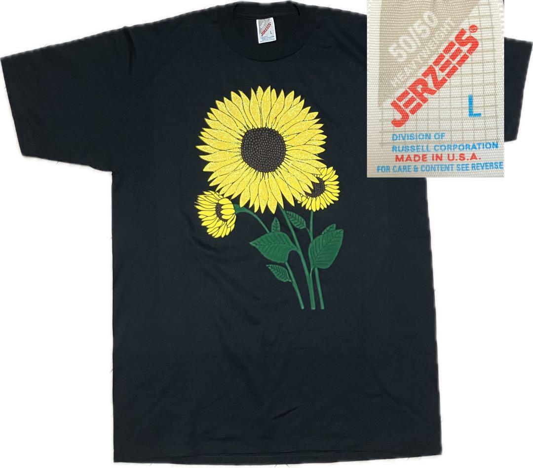 

[USED] Vintage 90s Jerzees Sunflower Print T-Shirt, Size L, Black