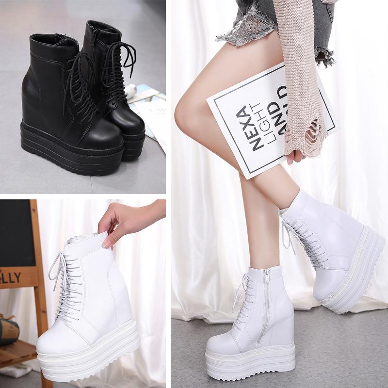 Autumn Womens Ankle Boots Black 14cm Ultra High Heel Lace-up Platform Bottes Sexy Inner Heigthen Wedges Black Short Botas