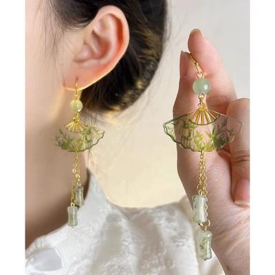 New Transparent Folding Fan Green Bamboo Earrings, Niche Retro Style Bamboo Knot Versatile Earrings