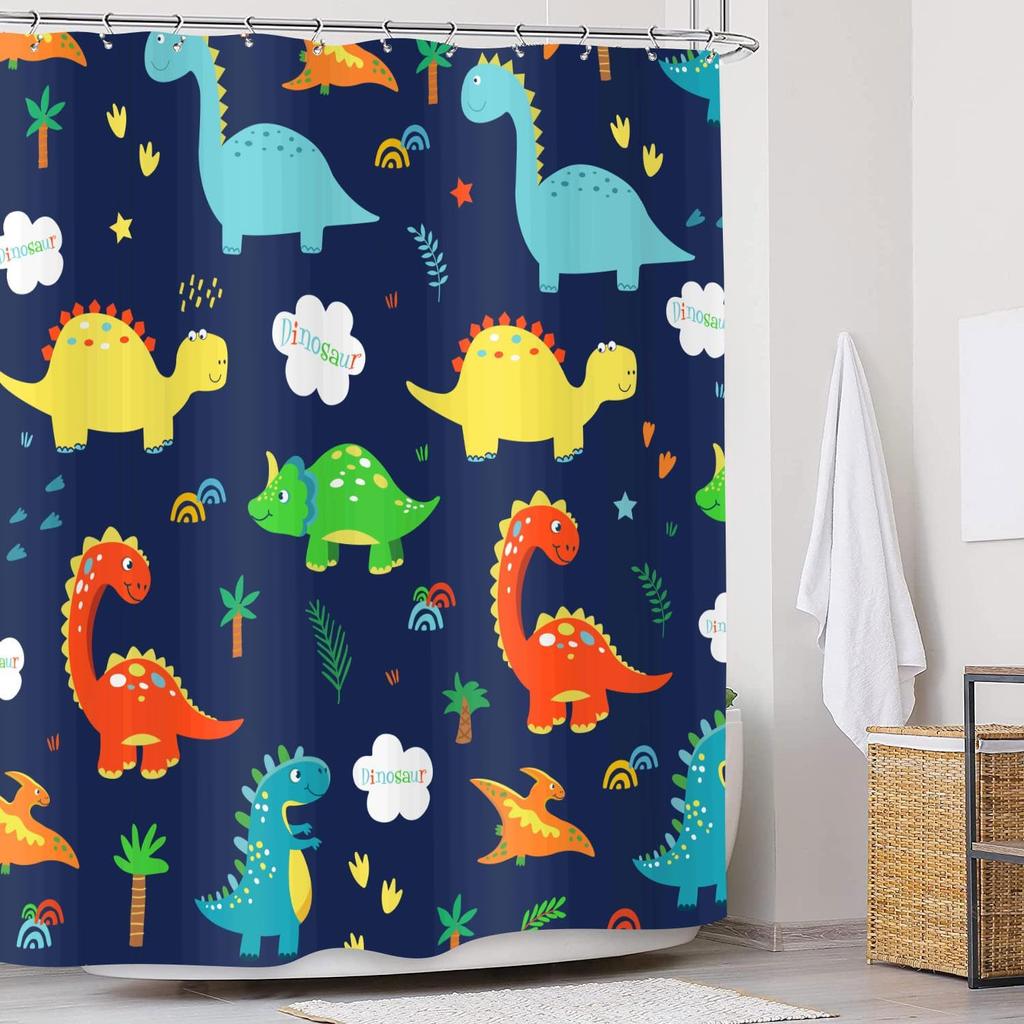 JAWO Dark Blue Cartoon Dinosaur Shower Curtain Kids, Cartoon Dinosaur Curtains Colorful Animals Plants for Boys Girls Polyester Fabric Shower Curtain