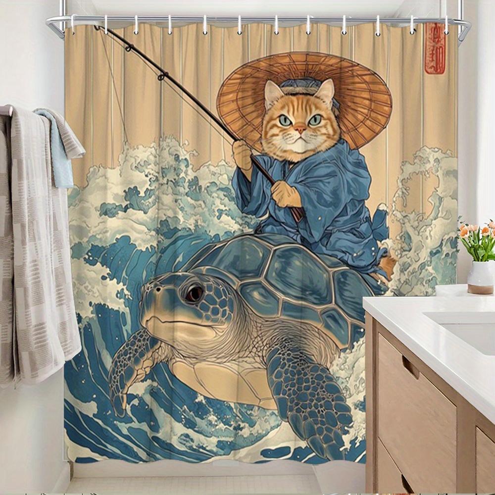 

Funny Cat Riding Turtle Shower Curtain Japanese Fisherman Design With Waves Asian Art Style Waterproof Fabric For Unique W60H190(CM)-1 Pcs
