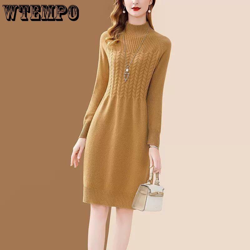 Solid-color Knitted Dress for Women's Clothing In Autumn and Winter Half Turtleneck Sweater Slimming and Casual Pullover