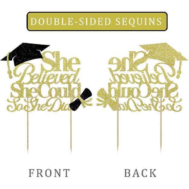 She Believed She Could So She Did Cake Topper for Graduation Decorations, 2025 Graduation Cake Topper, Congrats Grad 2025 Party Supplies (Gold)