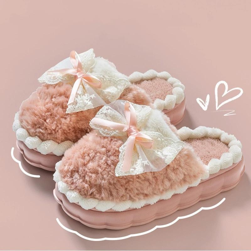 Women's Plush Slippers - Bow Detail Winter House Shoes Ultra-Soft Non-Slip Indoor Slippers for Home&Maternity Comfort