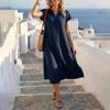 Women V Neck Short Sleeve Loose Fit Casual Dress Lightweight Solid Relaxed Midi Dress for Daily Wear Travel Office