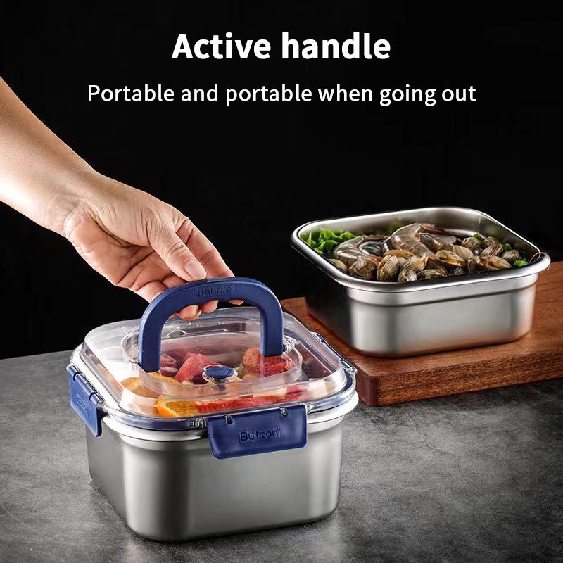 Large Capacity Stainless Steel Crisper With Handle Airtight Lid Leak-Proof Lunch Box Rectangular Fresh-Keeping Box Refrigerator