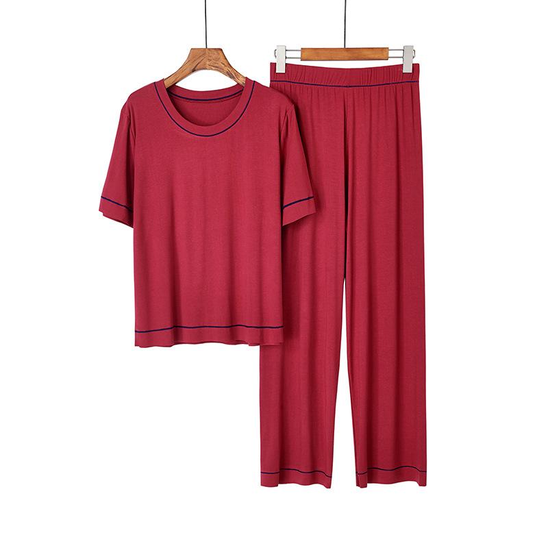 

Pajamas Women s Spring and Summer Knitted Threaded Cotton Homewear Two-piece Set Casual Crew Neck Simple Thin Short Sleeve Set Soft one size (recommended 40-70kg) бордовий