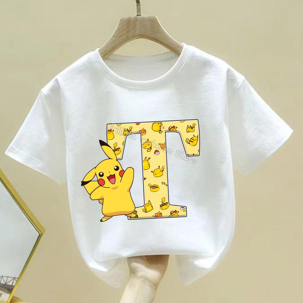 Pokemon Pikachu T-shirt Children A-Z Letter White Clothes Round Collar Clothing Kids Short Sleeve Cartoon Partern Summer Tee Top