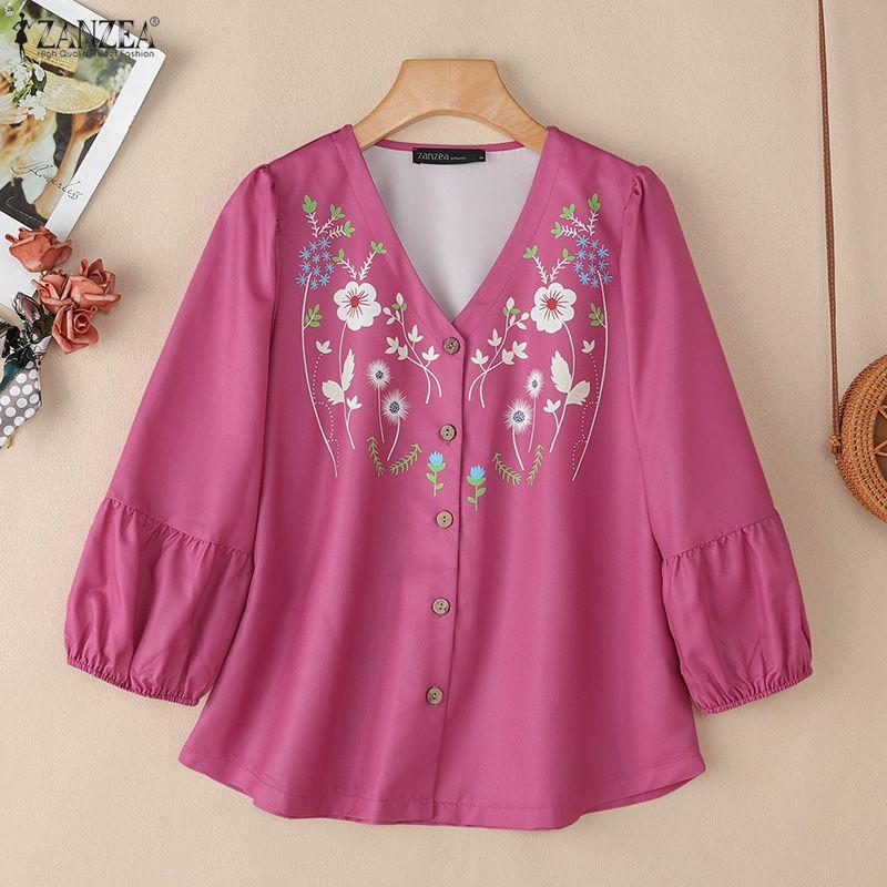 

ZANZEA Women Casual V-Neck 3/4 Sleeve Buttons Floral Print Loose Blouse 5XL темно-розовый