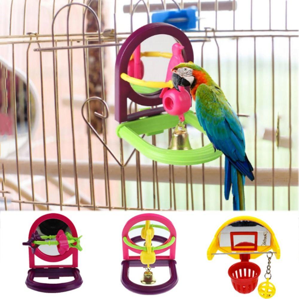Hanging Bird Cage Mirror with Bell Random Color Parrot Basketball Toy  Hummingbirds