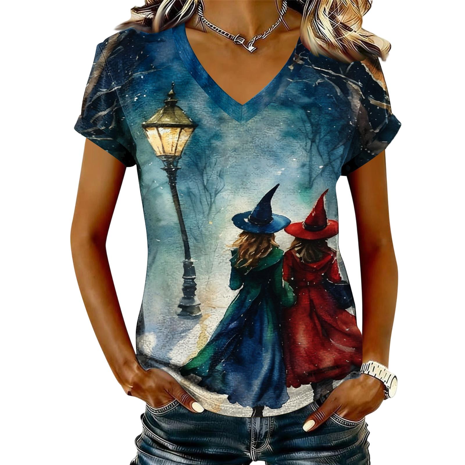 Women s V-Neck Short Sleeve Halloween Print T-Shirt Casual Pullover Top L