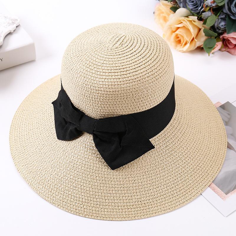 Lace Bow Straw Hat Women's Summer French Large Brim Sunscreen Hat Seaside Beach Vacation Sun Hat
