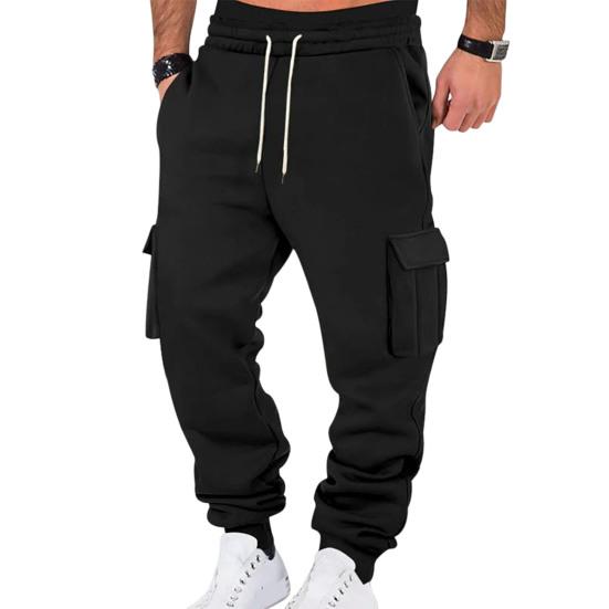 Men Cargo Pants Mid-rise Adjustable Waist Drawstring Casual Trousers with Reinforced