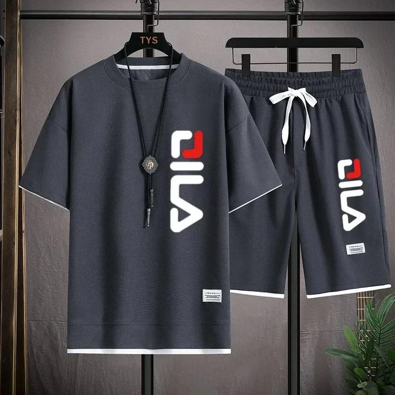 Herr Korea Bekväm och Sommar Mode Tryck Sportdräkt Fitness Jogging Daglig Casual Klädsel Strandshorts Set