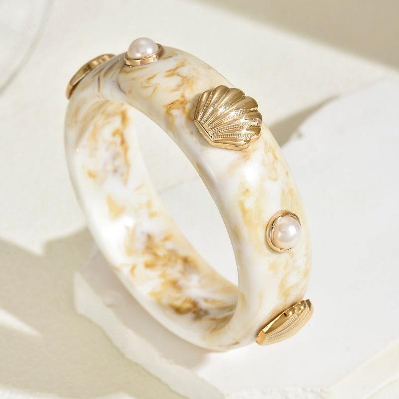 DIEZI Exaggerated Resin Pearl Shell Wide Bangles Vintage Fashion Geometric Round Bracelet Bangle For Women Men Gift Jewelry
