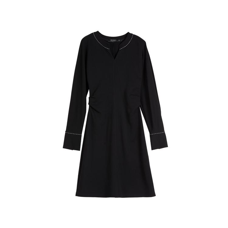 ELLE Elegant V-Neck Solid Color Midi Dress With Long Sleeves Women dresses Black EL48980