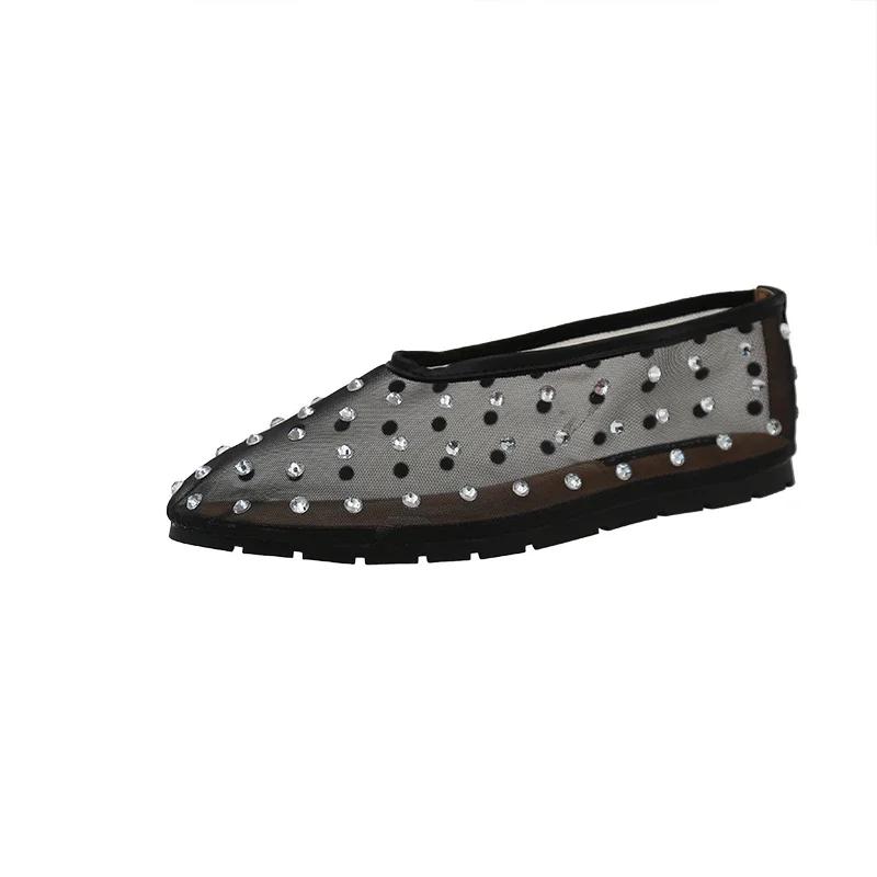 Women's Flat Shoes One Kick Mesh-edge Upper Rhinestones Soft Soles Shoes Women Dress Breathable Fairy Style Zapatillas De Mujer