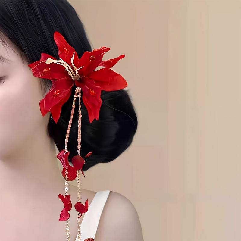 Hawaiian-Inspired 1pc Long Tassel Artificial Flower Hair Clip Bridal Wedding Hair Accessories Beach Parties,Daily Wear