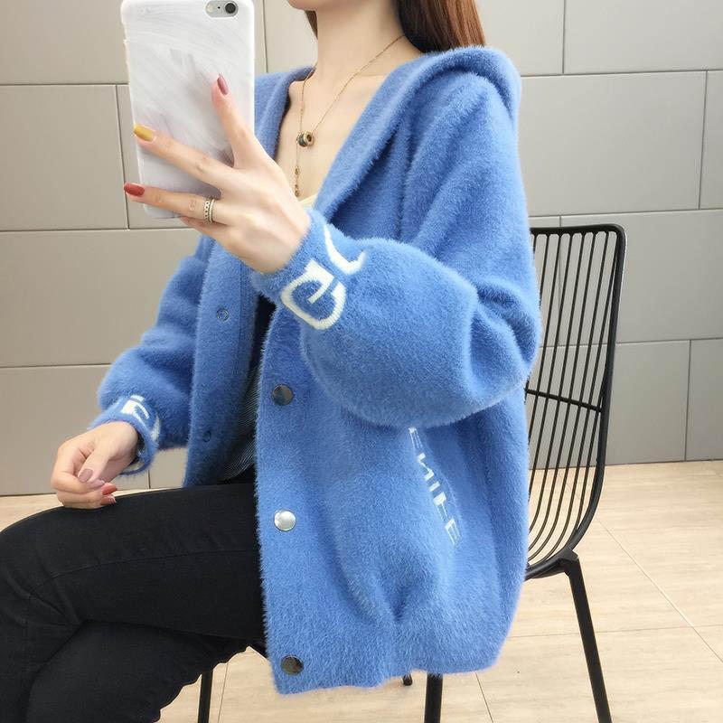 Imitated Mink Velvet Jacket Women's Spring and Autumn Clothes All-match Thin Short Hooded Knitted Cardigan