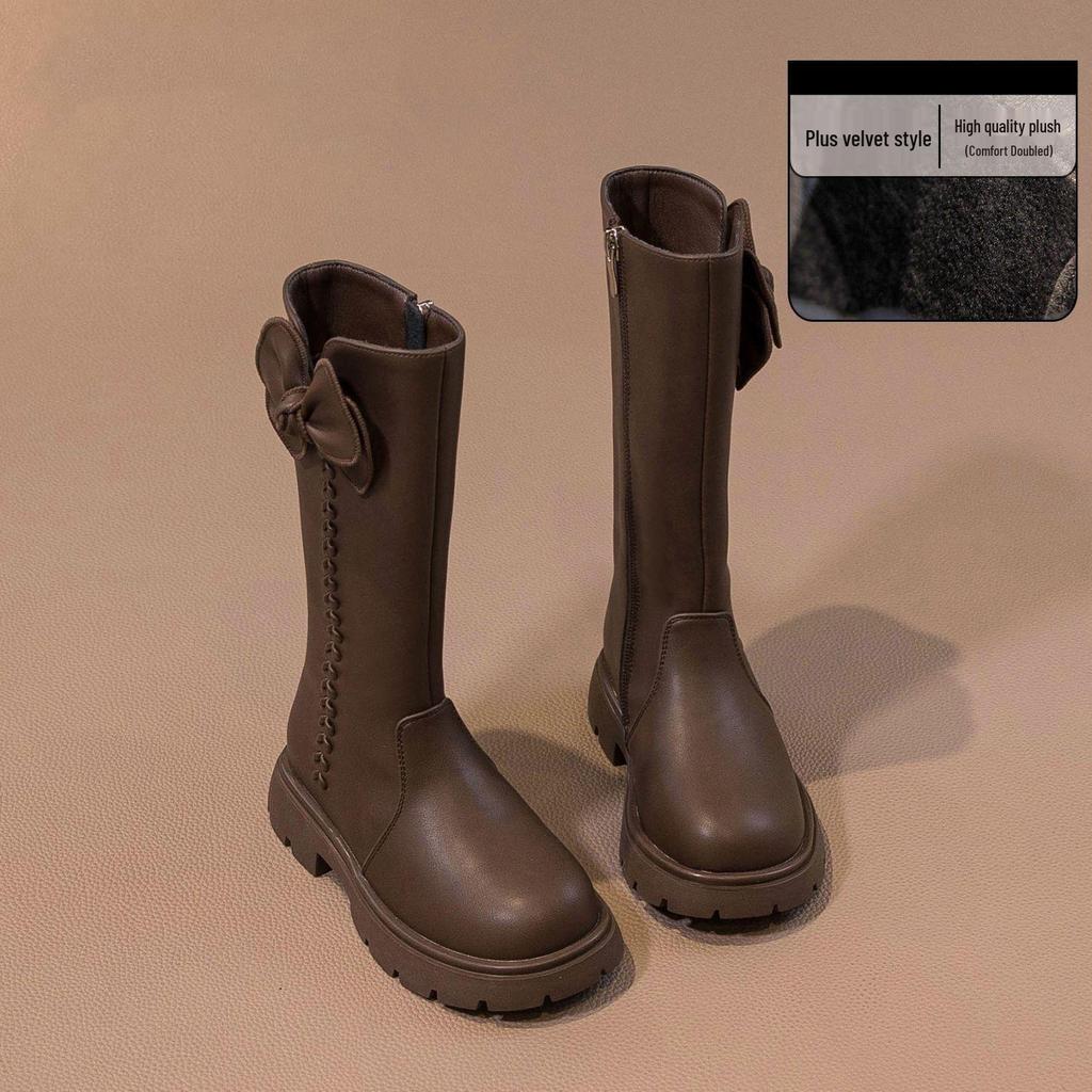 Girls' 2025 Autumn/Winter British Style High-Top Leather Boots, Fleece-Lined, Versatile and Stylish