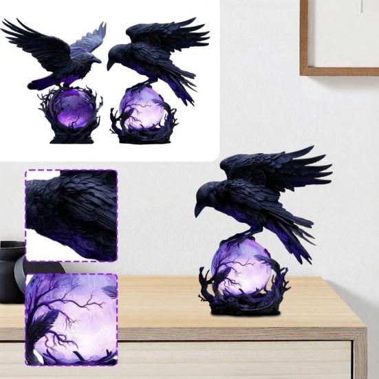 Gothic Raven LED Lamp Hand-Crafted Sculpture On Purple Glow Sphere Mysterious Decor for Dark Art And Halloween Unique Desk Night Light