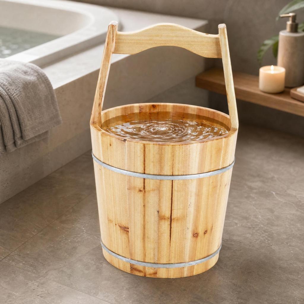 Tapered Wooden Water Bucket Rustic with Carrying Handle