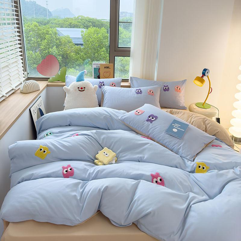 Gu Ling Wei Washed Cotton Four-piece Set Cartoon Dopamine Quilt Cover Sheet Dormitory Three-piece Set