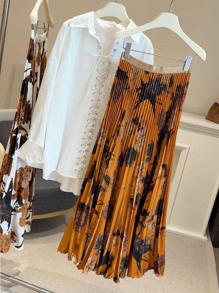 Women's High-End Retro Print Pleated A-Line Skirt for Spring and Summer