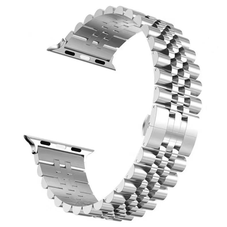 Apple Watch Stainless Steel Butterfly Clasp Strap - Unisex 5-Bead Metal Band.
