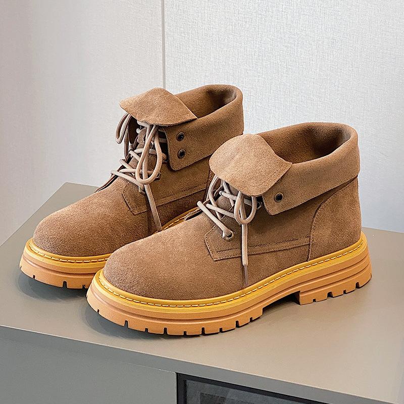 Martinsschuhe Damen Frühling, Herbst und Winter neue Leder Plateau Stiefeletten Retro Gelbe Stiefel