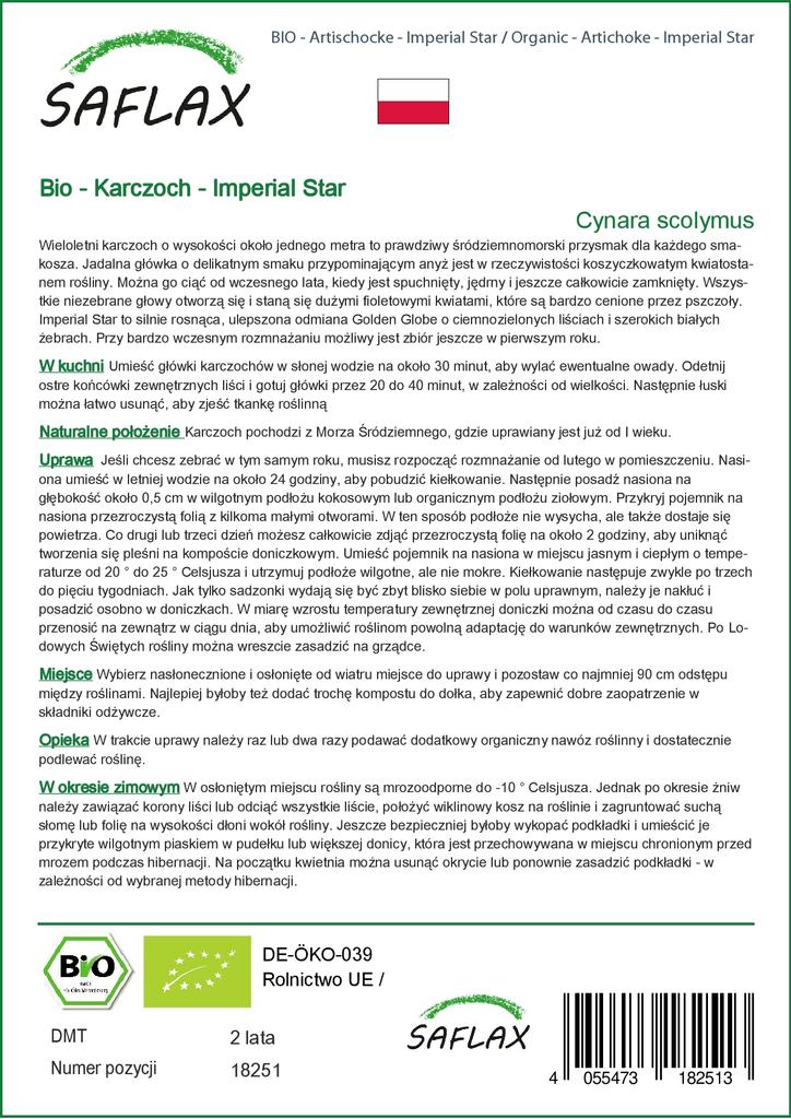 SAFLAX Garden In the Bag - Organic - Artichoke - Imperial Star - 5 Seeds - With Substrate In a Fitting Stand Up Bag - Cynara Scolymus