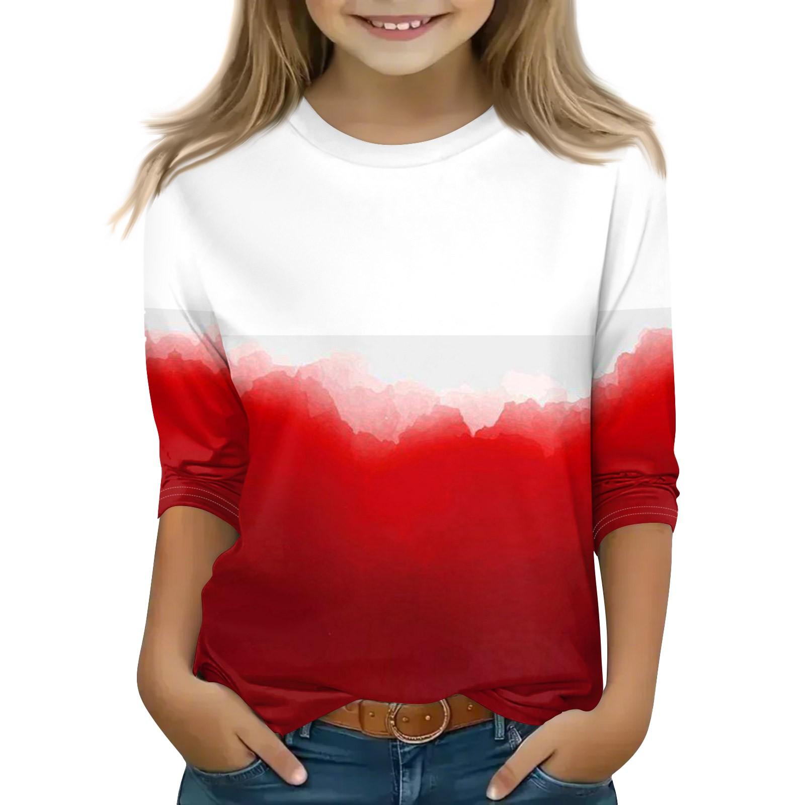 

Топы с принтом для девочек 5-16 лет с круглым вырезом и рукавами 3/4 Футболки Модные топы Наряды Футболки 150 красный