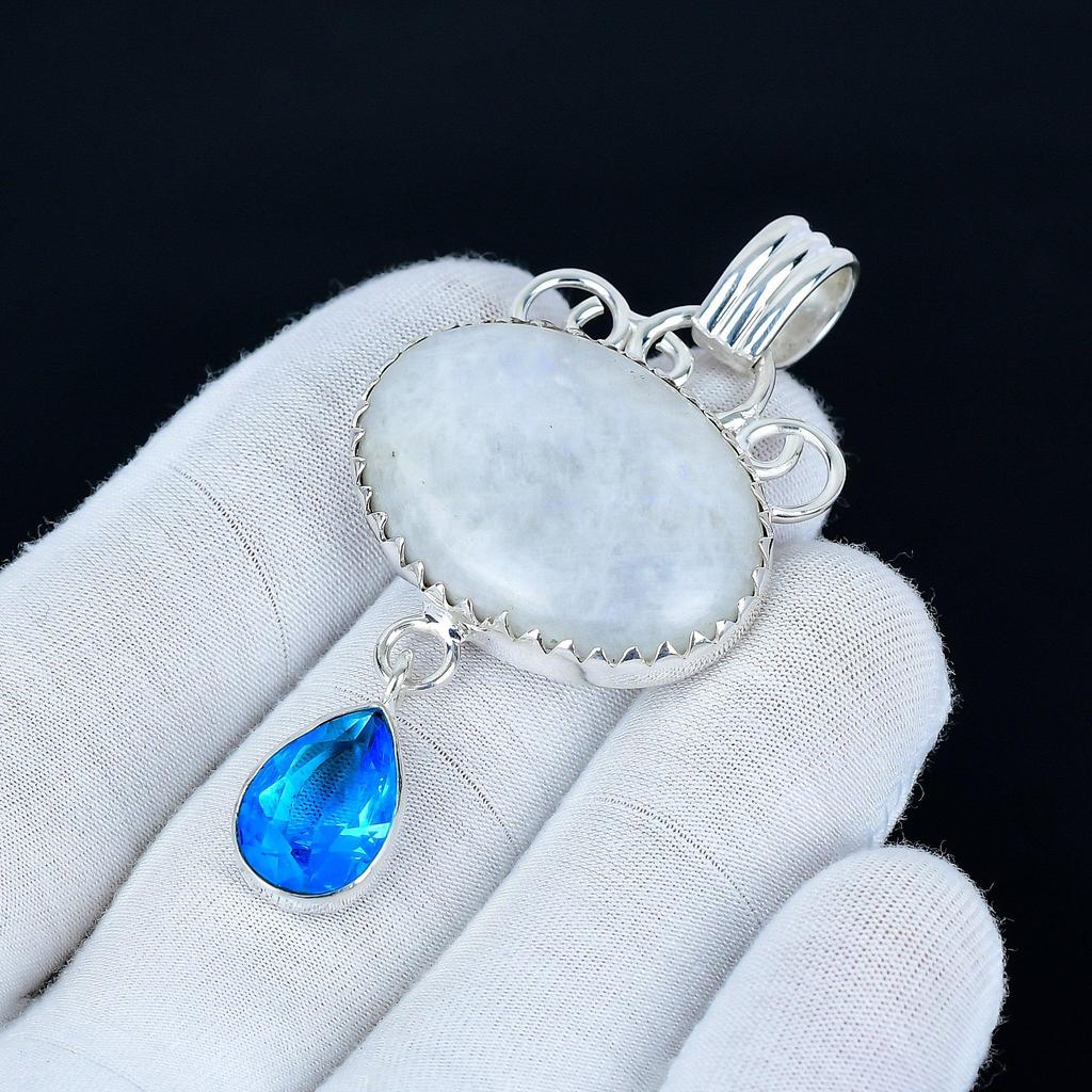 Regenbogenmondstein Anhänger, 925 Sterlingsilber Handgefertigter Schmuck, Blautopas Silberanhänger, Partyschmuck für Damen, Anhänger Weihnachtsschmuck