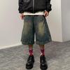 Unisex American Retro Washed Wide-Leg Denim Shorts – High Street Distressed Casual Style for Summer.