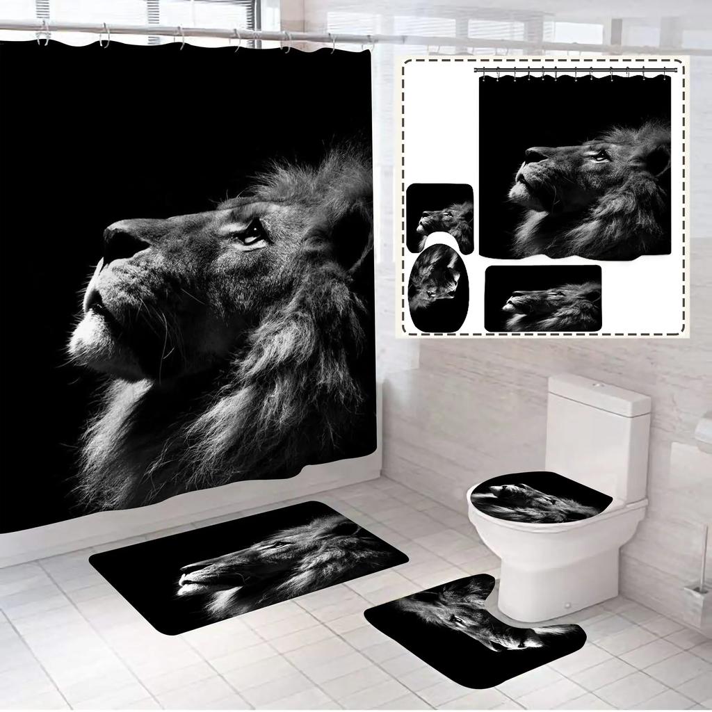 Black Tiger Animals Printed Shower Curtain Set Bathroom Bathing Screen Anti-Slip Toilet Lid Cover Carpet Rugs Kitchen Home Decor