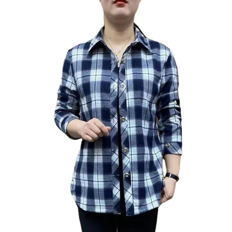 Spring Autumn Elegant Fashion Harajuku Plaid Tops Women Loose Casual All Match Lady Shirt Polo Button Long Sleeve Blusa