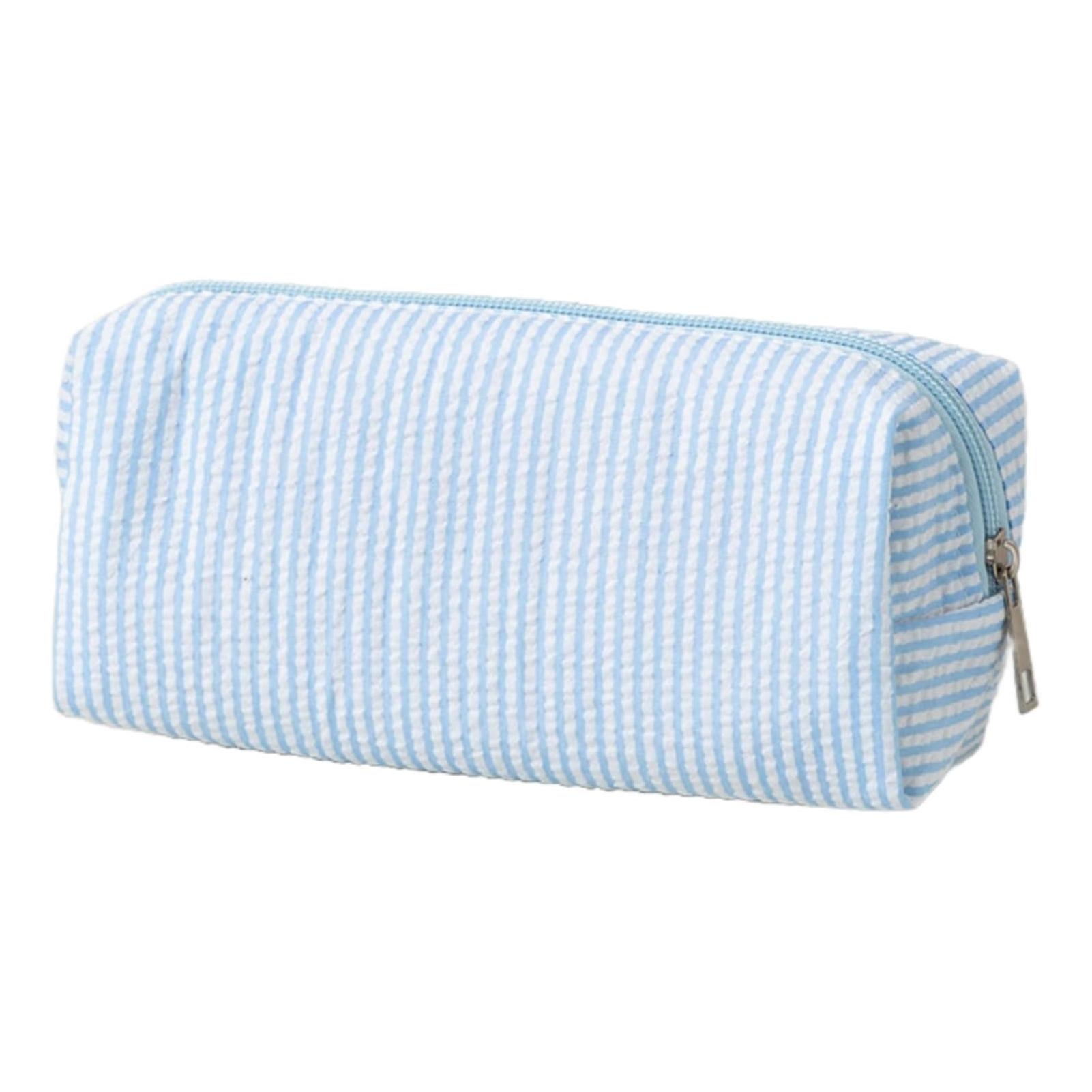 Striped Embroidered Pen Bag Cute Stationery Double Color Bag Volume but Capacity for Makeup, Office and School светло-синий