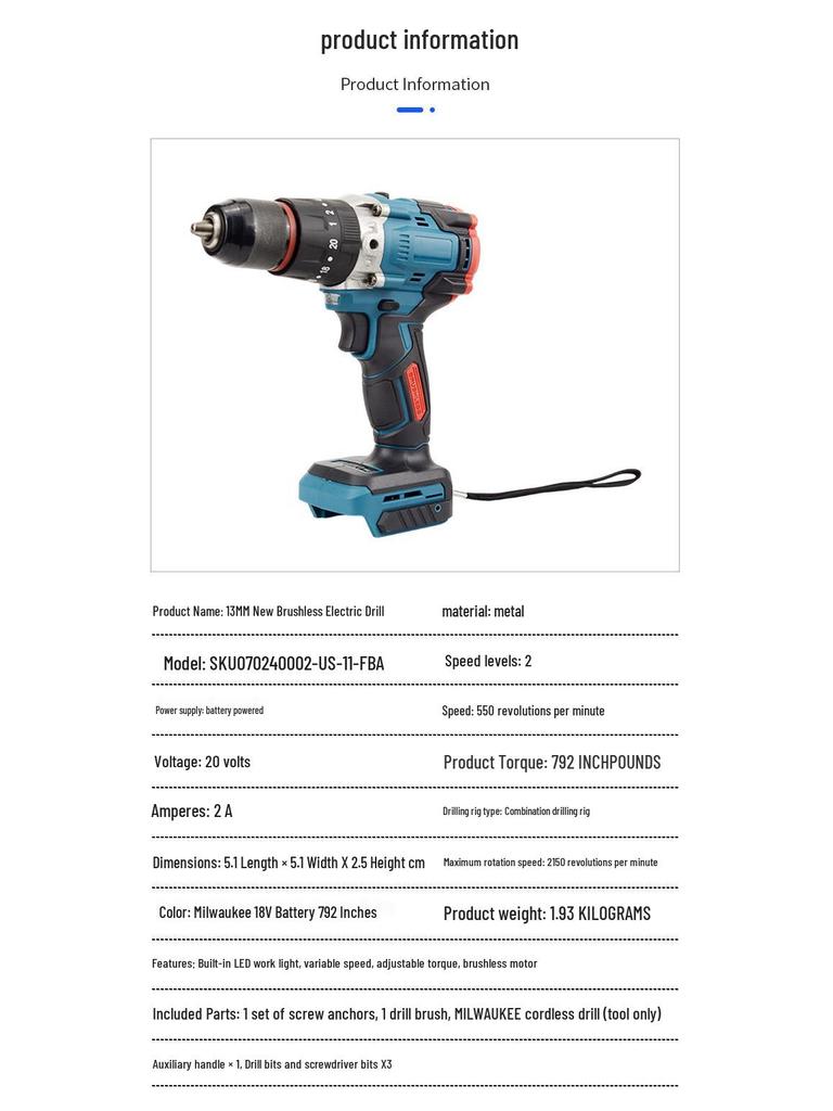13mm Brushless Electric Drill - High Power, Rechargeable, Cordless Impact Drill & Screwdriver