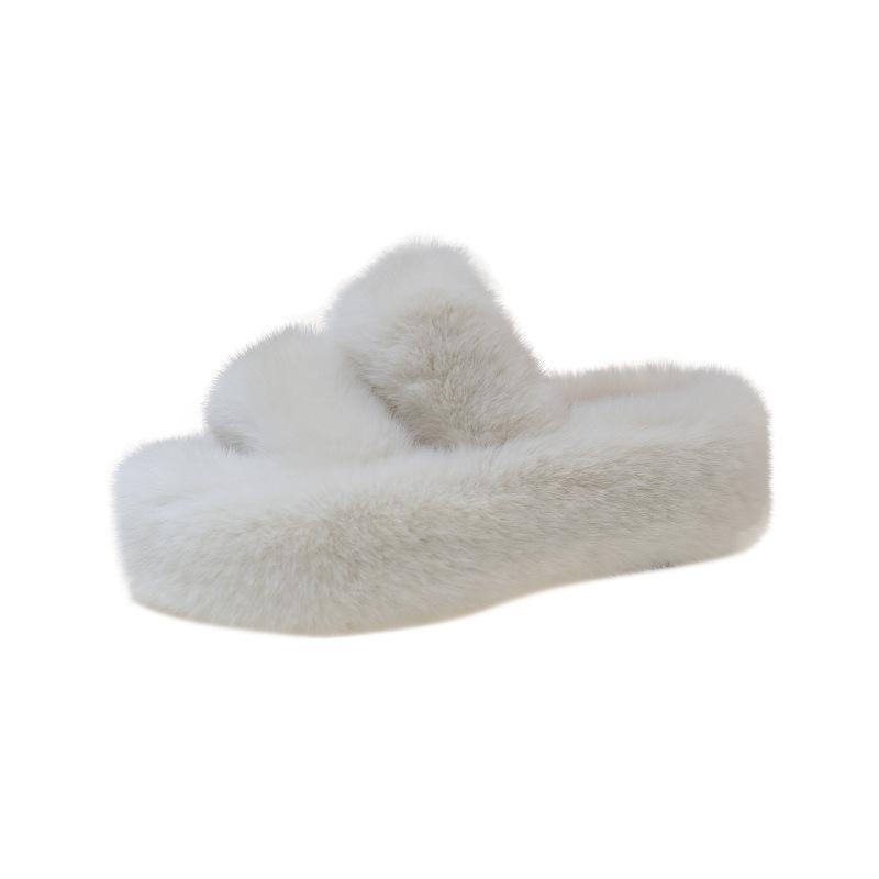 Fluffy shoes slippers women's outer wear 2025 new spring, autumn and winter plush fluffy drag thick-soled one-word cotton slippers