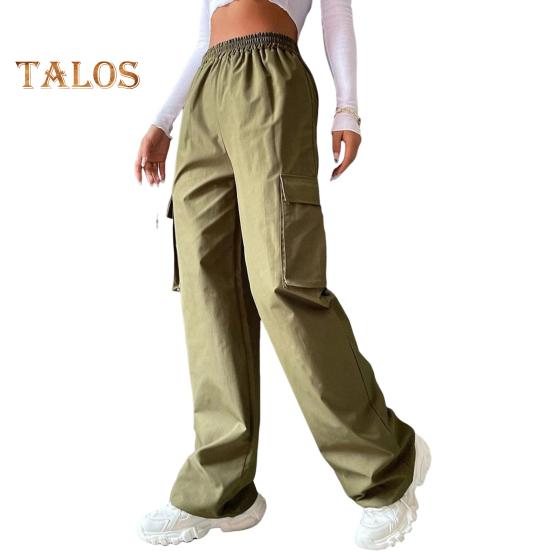 Pantaloni cargo pentru femei, cu talie elastică, cu picior lat, de culoare uni, pantaloni de sport casual, cu buzunar lateral cu clapă