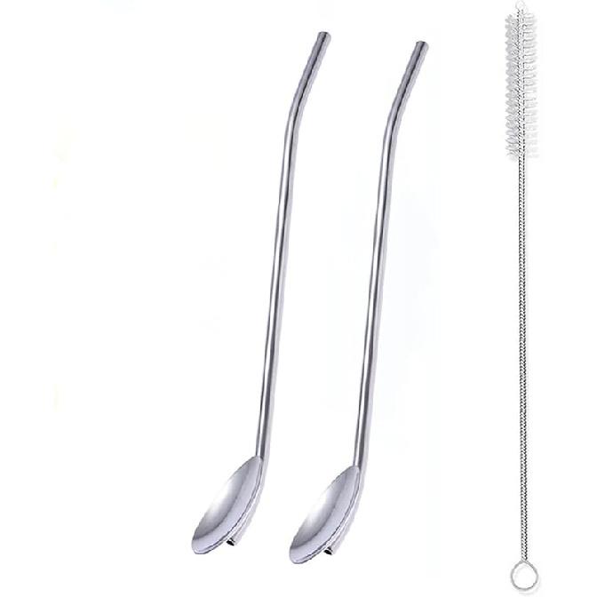 8Pcs Stainless Steel Straws Spoons, Reusable Metall Straws Spoon with 2 Cleaning Brushes,2 in 1 Snow Cone Straws Drinking Reusable Stainless Steel 2
